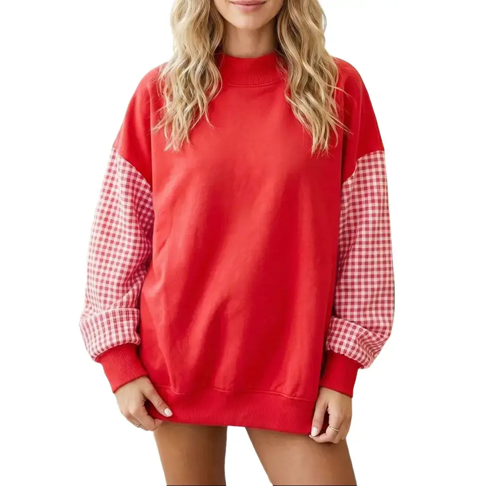EncoLax Women’s Fleece Lined Mock Neck Sweatshirt, Loose Color Block Plaid Pullover Sweatshirt, Long Sleeve Contrast Splicing Casual Tops for Fall Winter