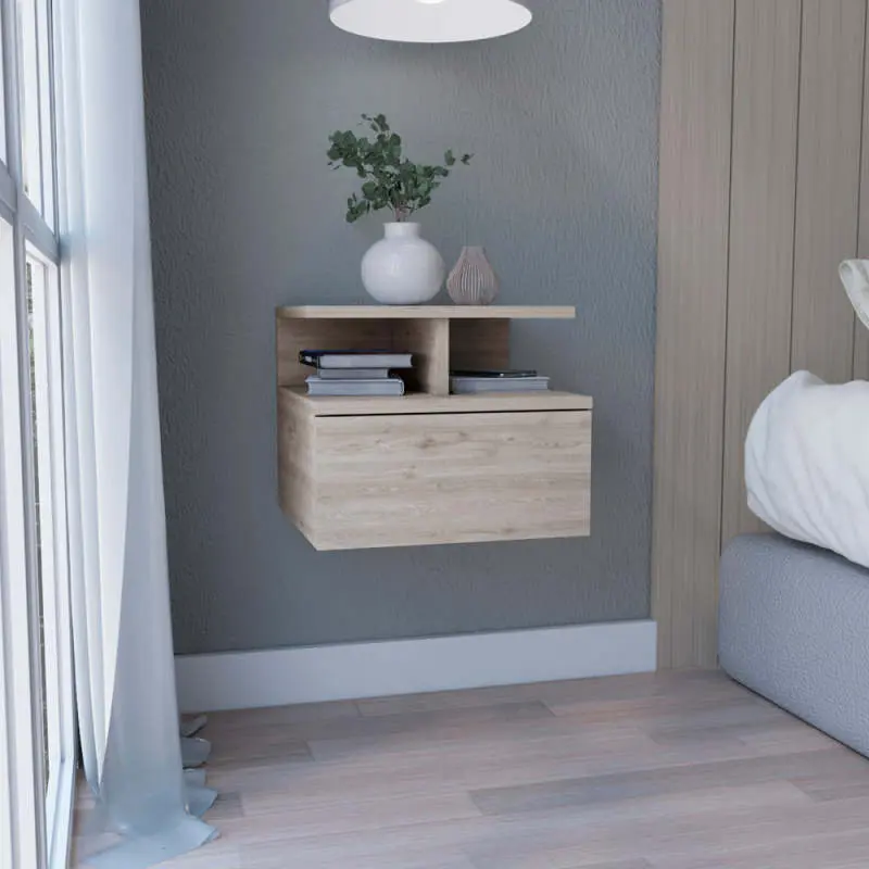 Floating Nightstand 12"H Wall Mounted with Single Drawer and 2-Tier Shelf Light Gray