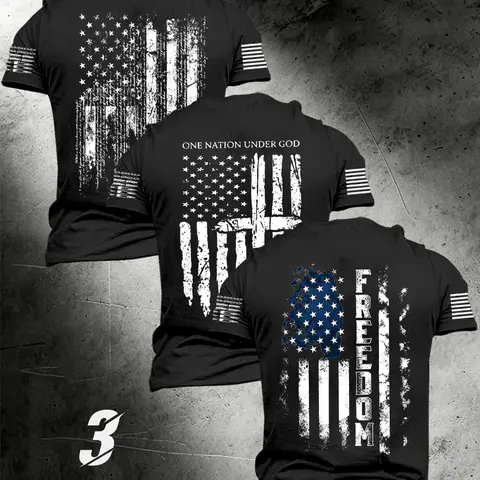 3-Pack Vintage Men's Flag Print Short-Sleeve T-Shirts, Street Style Streetwear, Loose Fit, Breathable Cool Graphic Tee Summer Fashion Casual Wear Tops