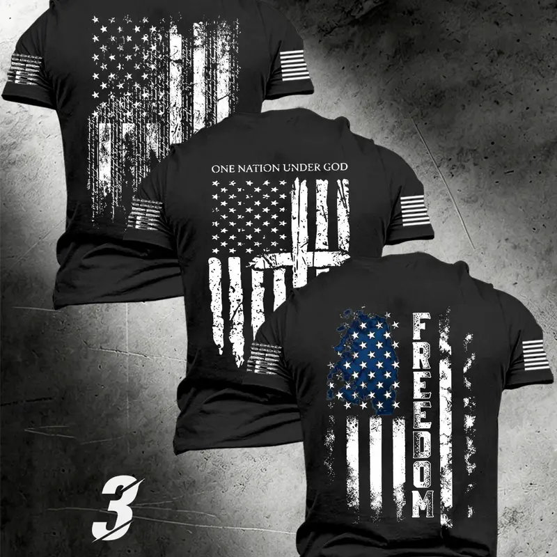 3-Pack Vintage Men's Flag Print Short-Sleeve T-Shirts, Street Style Streetwear, Loose Fit, Breathable Cool Graphic Tee Summer Fashion Casual Wear Tops