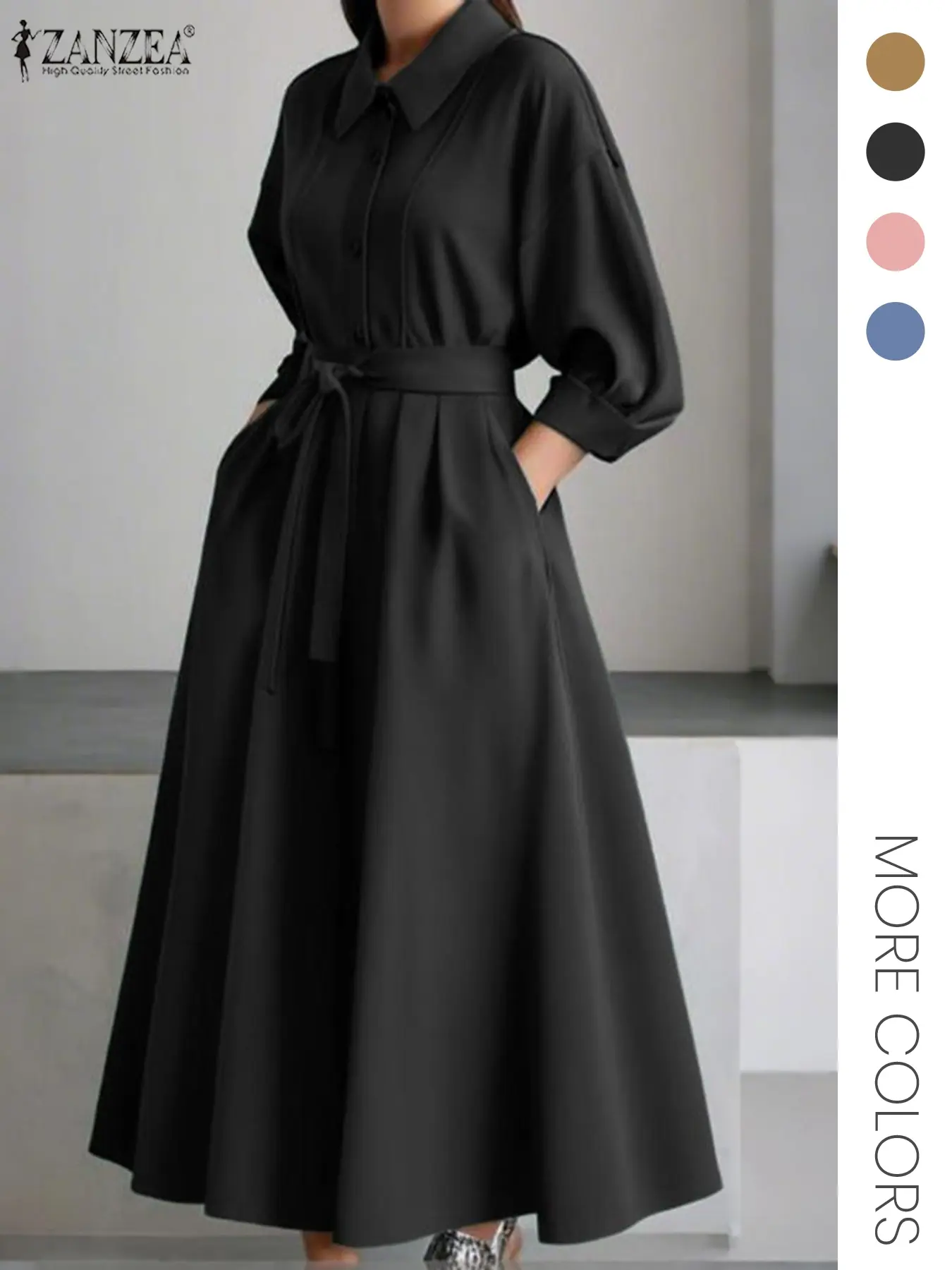 Elegant Chic Office Dress Workwear, Womenswear, Formal, Stand Collar Long Sleeve, A-Line Wide Hem, Waist Cinching, Belted Front Button Closure, Pockets, Fall Winter Fashion