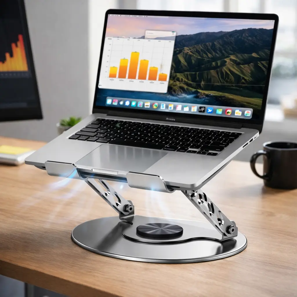 Silver Portable 360° Full Rotation Laptop Stand for Desk, Foldable All-Metal Body Riser with Open Ventilation, Ergonomic Holder for 10-17.3 Inch Laptops (22 lbs Capacity), Office & Home Use