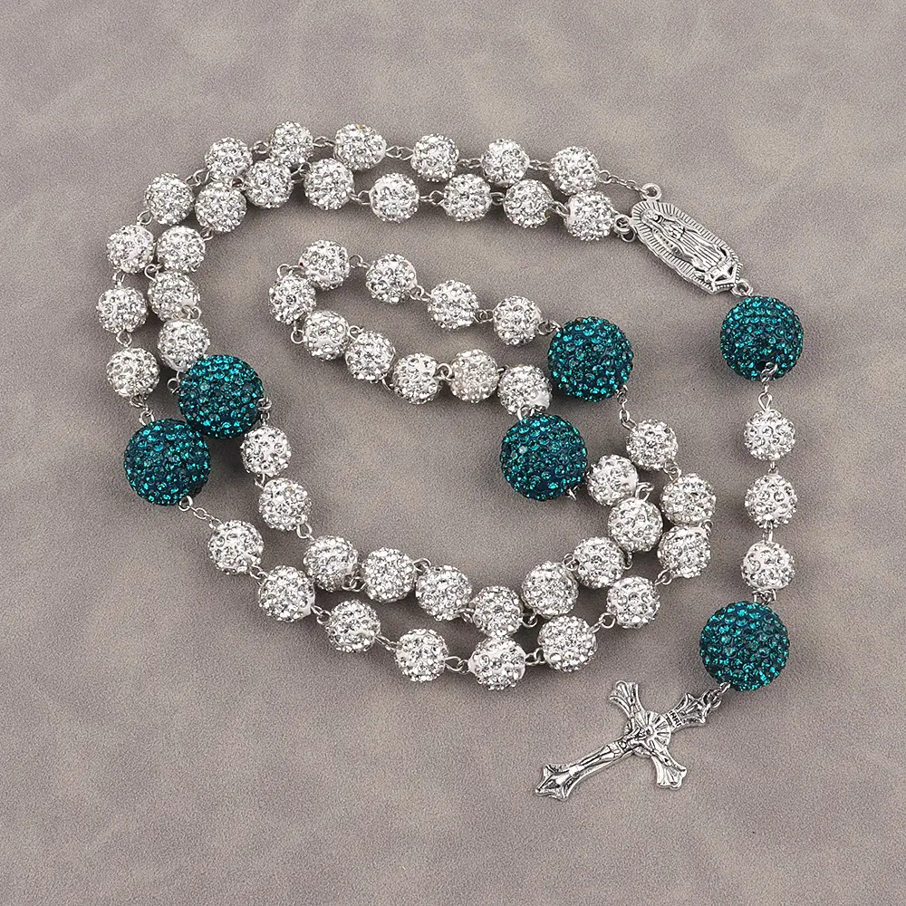 Prayer bead necklace peacock blue+white