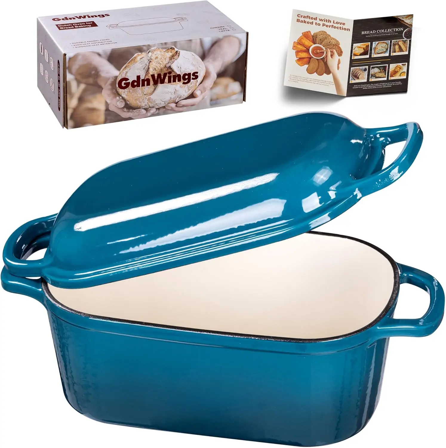 4.6 Qt Enameled Cast Iron Dutch Oven - Oval Combo Bread Pan with Lid for Sourdough Baking, Crispy Crust Bread Loaves, Casseroles, Teal, Elegant Silhouette