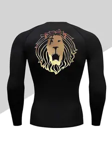 Men's Long Sleeve Compression Fitness Shirt, Moisture-Wicking High Elastic Fabric, Lion Print, Tight Fit, Ideal for Gym Running Training