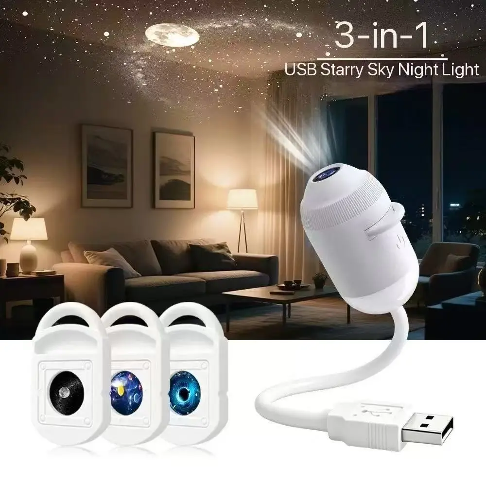USB Starry Sky Projector Night Light with 3 Interchangeable Space Film Slides, Flexible Bendable Gooseneck Mini Projection Lamp for Bedroom, Car, Indoor Decor