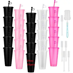 25-Pack 24oz  Glitter Plastic Cups with Dust Caps & Straws - Reusable Sparkle Tumblers with Complete Cleaning Kit | Easter Party Favors, Spring Wedding Drinkware & Bulk Hydration Set (Pink/Clear/Black/Rose)