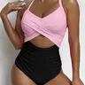 Women's Colorblock Criss Cross One-piece Swimsuit, Casual Cut Out Knot Back One Piece Swimwear for Summer, Women's Swimsuit for Beach Wear, Casual Fitted Swimwear