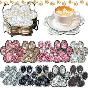 10 pieces/Set of irregularly shaped claw pattern artificial diamond painted coasters, DIY crystal diamond painted wooden coasters with stands, suitable for adult office coffee MATS, home coasters, craft products, gifts, Diamond Painting Coasters