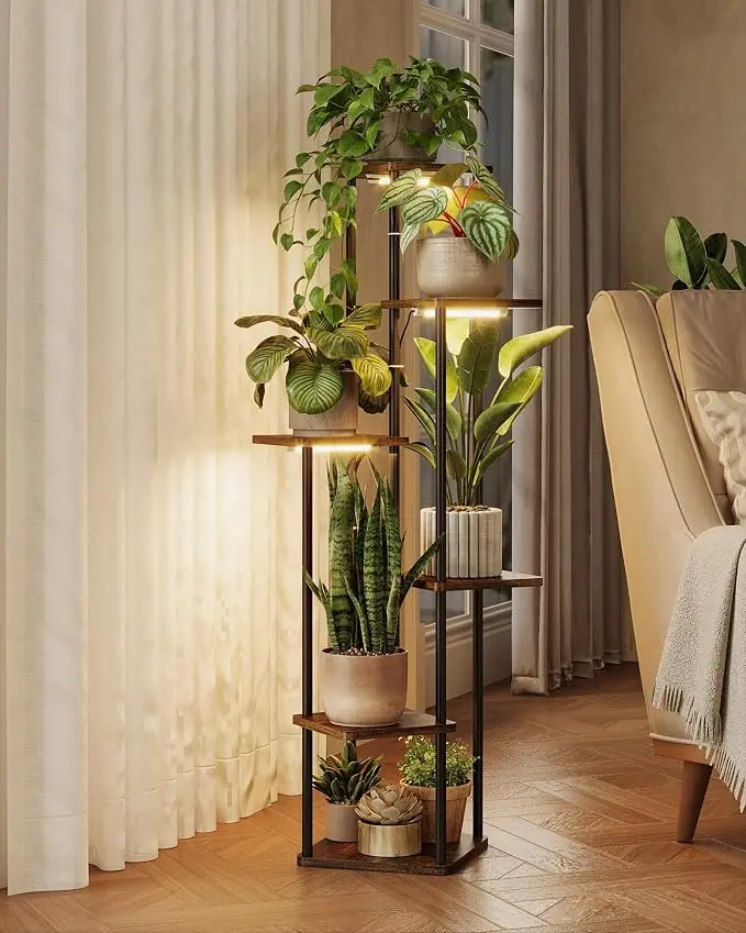 GENTINGBRO Plant Stand Indoor with Grow Lights Corner Plant Stand | orner Shelf Wood Metal Flower Stand for Living Room Bedroom Balcony Patio