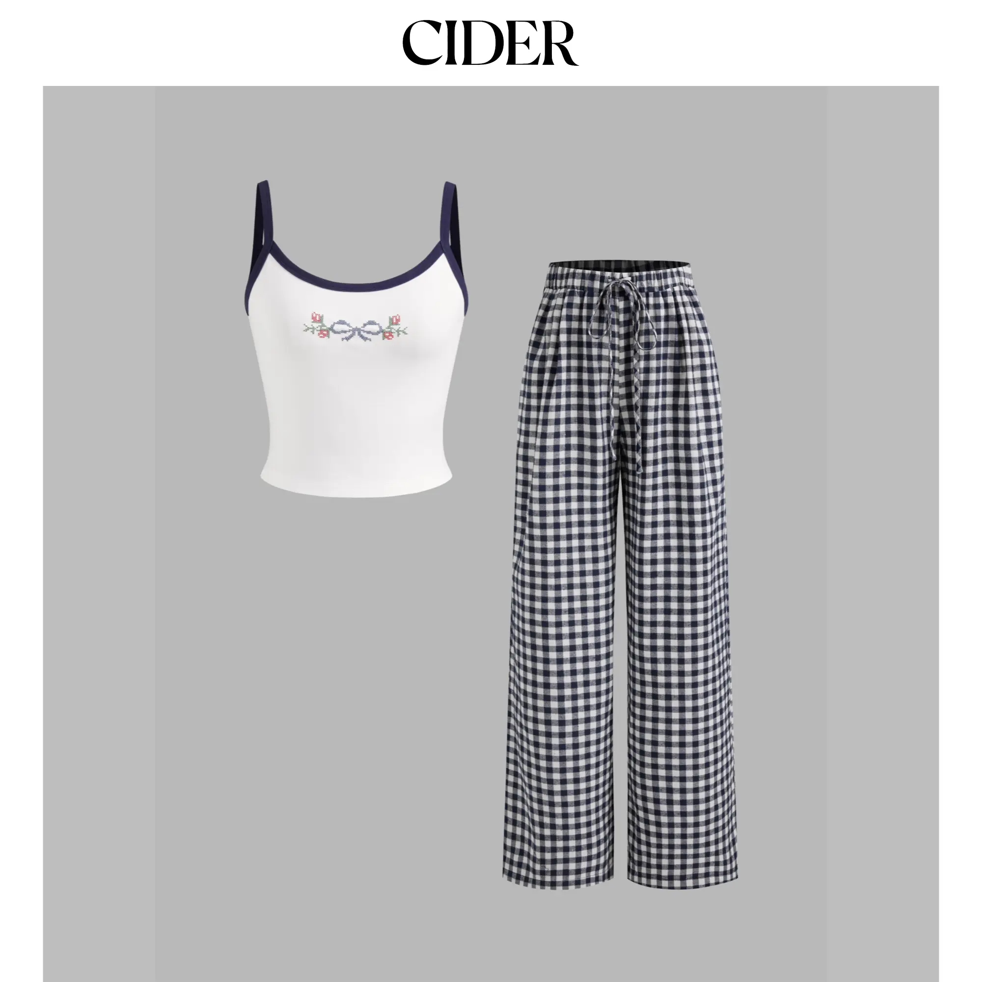 Cider Women's Gingham 2-Piece Trousers Set, Cotton-Blend Cami with Bowknot & High Rise Wide Leg Pants, Clothes, Women's Clothes, Sleeveless, Casual, U-Neck Cami, Checkered Gingham, Plaid, Multi-Size
