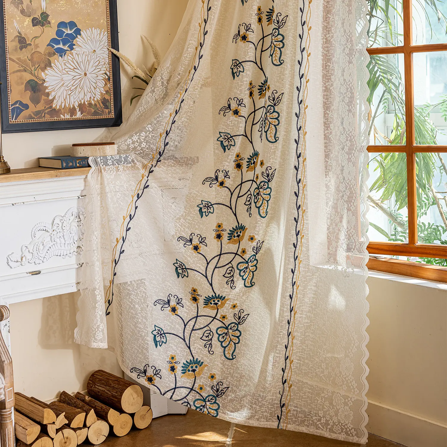 Vintage Chinese Curtain, Colorful Leaf & Flower Pattern, Modern Natural Linen Feel, Perfect for Living Room & Bedroom Decor, Home Decorative Curtain, Window Hanging, Window Curtain, Curtains Floral