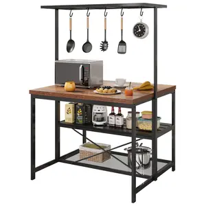 Kitchen Island with Storage & Power Outlet – 3-Tier Bakers Rack, Coffee Bar Table, Heavy Duty Steel Frame, 5 Hooks, Open Shelves, Space-Saving Organizer for Dining or Living Room, Farmhouse vintage Style, 42 Inches
