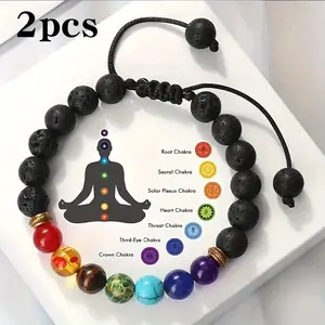 7 Chakra Healing Bracelet Adjustable, Stretchable Lava for Balancing, Meditation and Fashion Jewelry, Volcanic Rock, Men's Bracelets, Gifts for Couples Men's