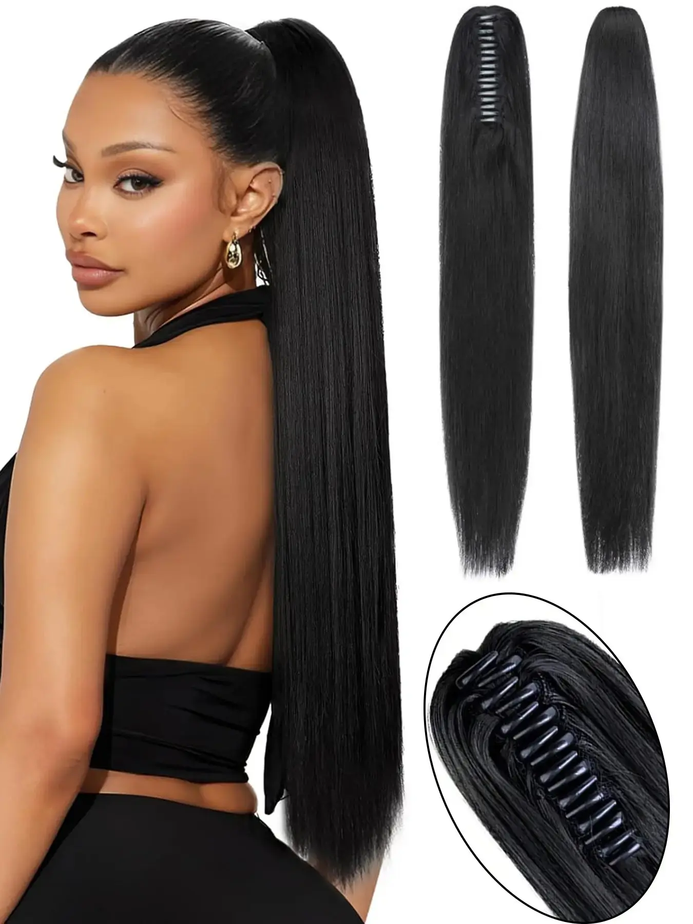 26" Claw Clip in Ponytail Hair Extensions Long Straight Hair Clip Extensions Synthetic Fiber Extensions for Women Fluffy Natural Looking Synthetic Fiber Hairpieces Synthetic Hairpiece for Daily Use Synthetic Hair Pieces Best Extensions