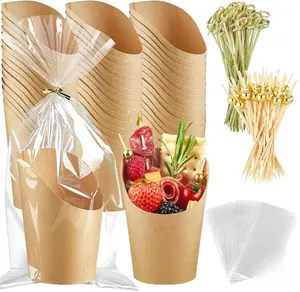 50 Charcuterie Cups + 200 Cocktail Picks + 14oz Disposable Charcuterie Cups with Sticks and Bags Paper Appetizer Cups for Party, French Fry Holder Snack Cups (Brown)