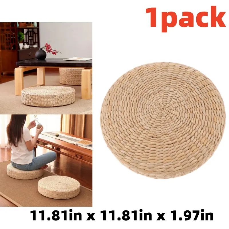 1 Pack Natural Grass Woven Futon Meditation Mat - 11.81in X 11.81in X 1.97in Elastic Breathable Circular Handwoven Tatami Floor Mat, Rustic Companion for Indoor Meditation & Home Decoration