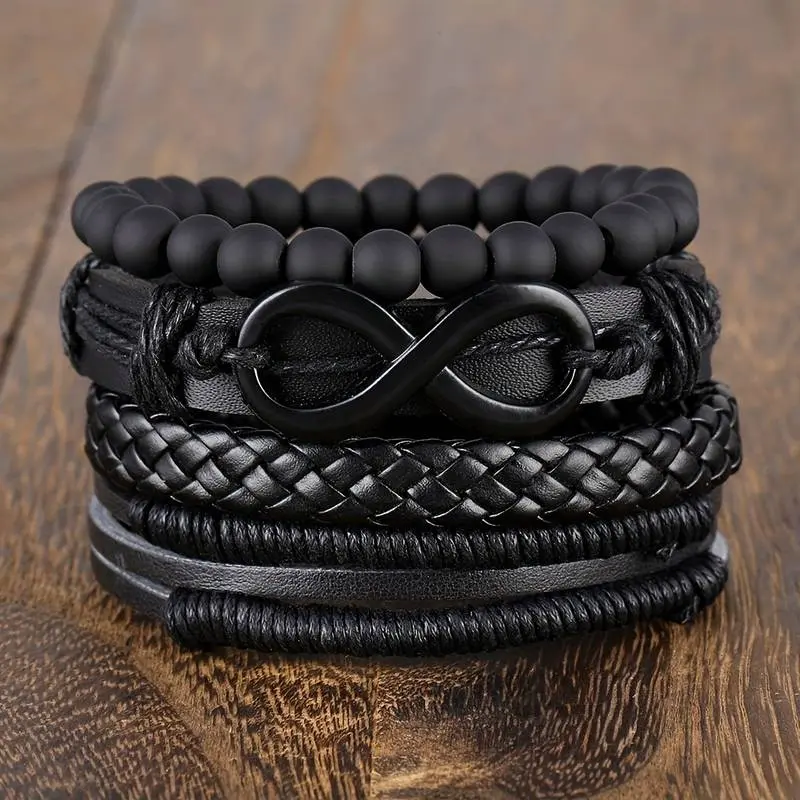 Men's 4pcs Infinity Symbol Faux Leather Bracelet Set - Vintage Infinity Bead Multi-Layer Band for Rock & Carnival Fashion, Band, Faux Leather