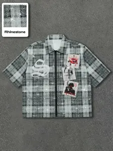 Men's Gothic Print Sequins Plaid Checkered Fitted Casual Button Shirt, Fashion Street Style, Aesthetic, Trendy and Unique Design, Perfect for Outdoor Activities, Fabric