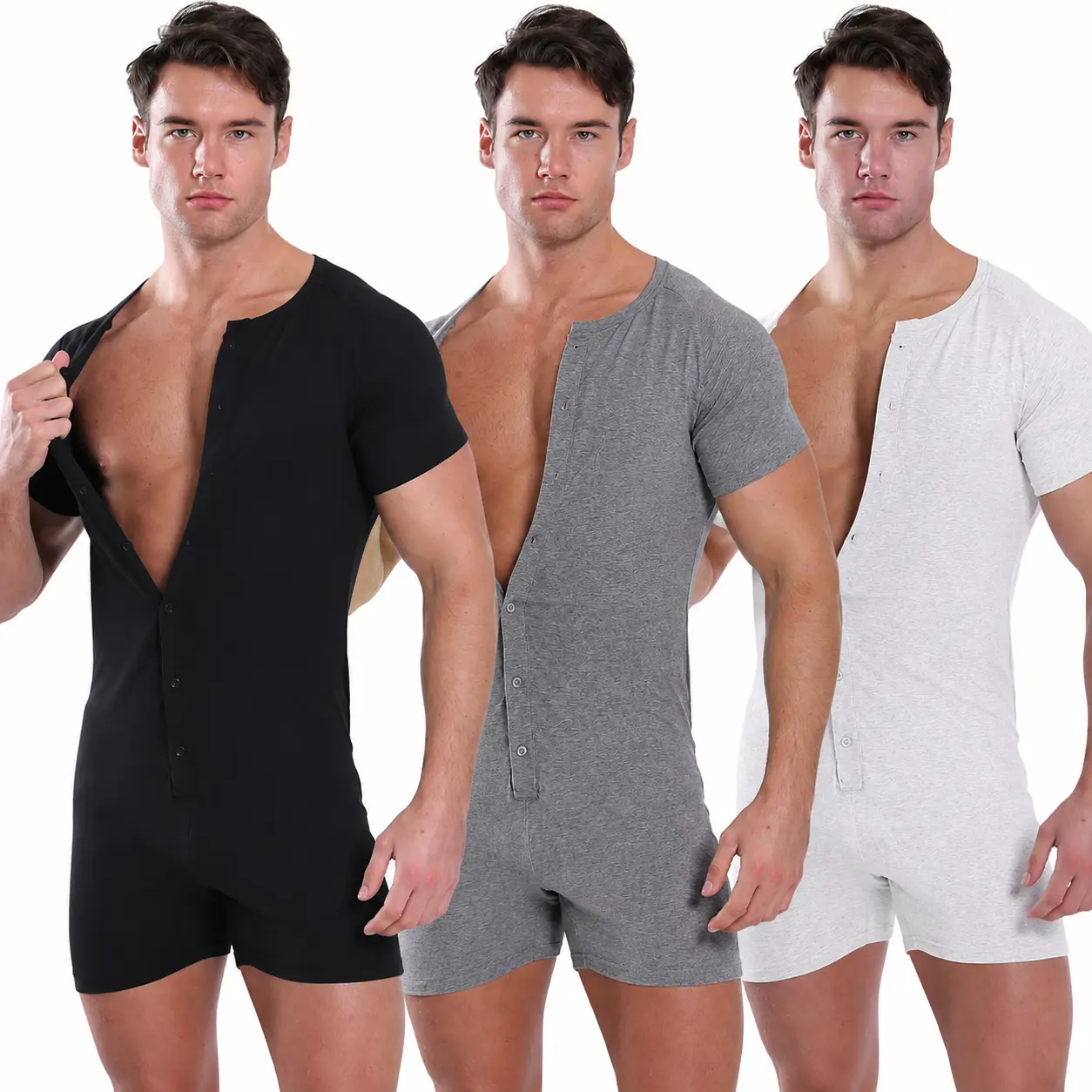 Landofgenie Men's Cotton Short-Sleeve Henley Jumpsuit - 1-Piece Pajamas Romper Bodysuit, Soft Breathable Spandex Sleepwear Loungewear with Classic Stylish Loose Fit