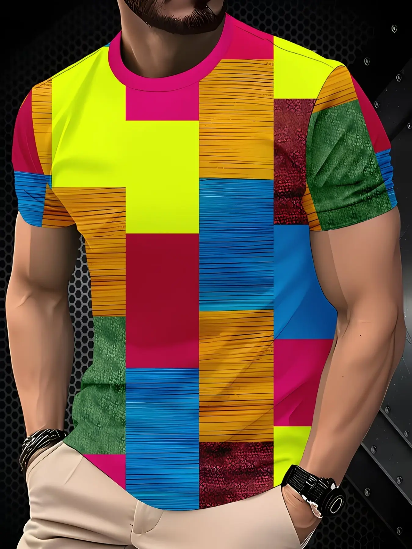 Men's Colorblock Graphic Short Sleeve T-Shirt, Casual Fashion Round Neck Top, Loose-Fitting Multi-Color Design, Trendy Streetwear Men's Clothing, Menswear