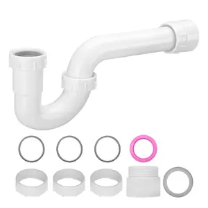fathersdaygift VEVOR P-Trap, 1-1/2 Inch P Trap Sink Drain Pipe Kit with Threaded Adapter and TPU Leak-Resistant Washers, PP Plastic Pipe Basin Waste Kit, Under Sink Plumbing for Kitchen Bathroom Sewer Drain, White