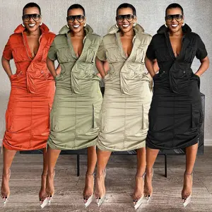 Summer Autumn Clothes Women High Waist Short Sleeve Mult Pockets Cargo Midi Dress Streetwear Drawstring Vestidos Party Sexy Evening Dresses