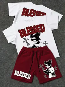 Men's 2-piece BLESSED graphic sportswear set, religious cross and bible printed T-shirt and shorts set, streetwear loose casual wear, American hip-hop street style 90s style art character print unisex couple wear holiday gift