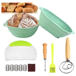Silicone Banneton Bread Proofing Baskets, 10 inch Oval + 9 inch Round Foldable Bread Making Tools, Starter Kit, Bread Basket Gift Set, Mint Green