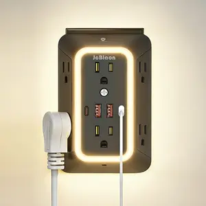 JcBlaon 6 Wide AC Surge Protector Outlets with 4 USB Ports (2 USB C) and Night Light, 1050J， 3-Sided Design Wall Outlet Extender USB Wall Charger for Home Travel Office（Black）