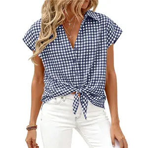 Womens Button Down Shirts Short Cap Sleeve Summer V Neck Collared Blouses Casual Plaid Tops ﻿