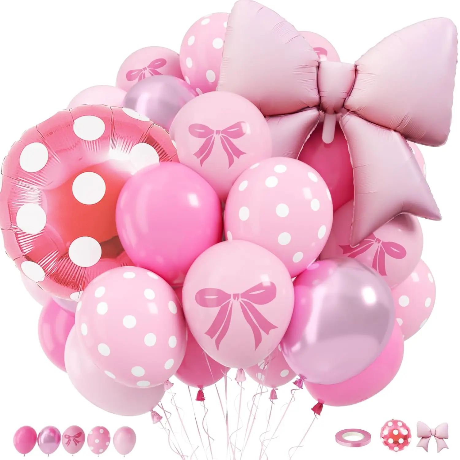 Pink Bow Mouse Balloon Kit 12" Latex & Hot Pink Polka Dot Bow Foil Balloons for Theme Party Decor