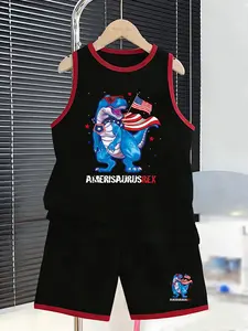 Boys' American Dinosaur Tank Top and Shorts Set, Amerisaurus Rex Print, Breathable Fabric, Casual Style, Perfect for Independence Day
