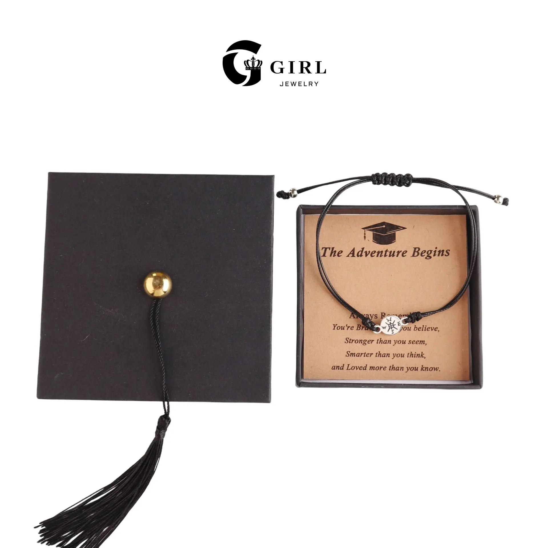 GGIRL Graduation Season Bracelet Graduation Season Braided Handband Black Glitter Wax Cord Two-Way Adjustable Flat Knot Design Fits All Wrist Sizes Unisex Commemorative Gift Graduation Blessing Graduation Gift