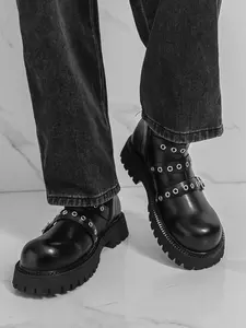 Men's Fall Winter Thick Sole Motorcycle Combat Boots, Belt Buckle Decor, Punk Style, Mid-Calf Height, Trendy Fashion Shoes