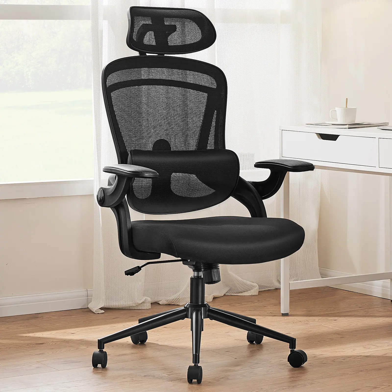 Sweet Furniture High Back Office Desk Headrest, Mesh Computer Chair with Soft Flip Up Arms, Adjustable Height and 120°Tilt, Adjustable Ergonomic Chair, High Back Chairs