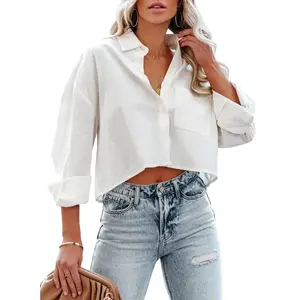 Women’s Solid Color Lapel Blouse/Shirt with Chest Pocket – Casual Cropped Long-Sleeve Button-Down Top