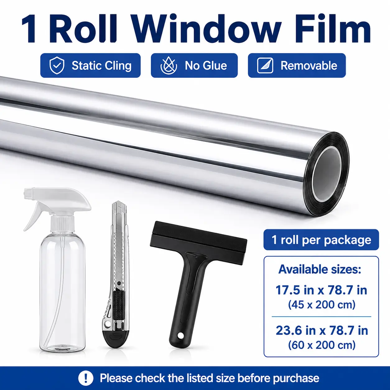 1-Way Privacy Window Tint Film - UV Blocking Heat Control Static Cling No Glue Removable Mirror Tint from Inside for Home Sliding Door