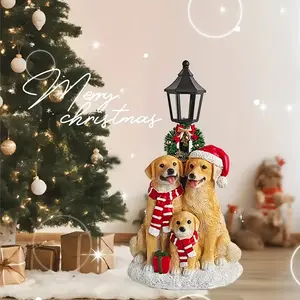 Golden Retriever Family Christmas Decoration with LED Lights - Realistic Resin Dog Figurines with Santa Hats, Battery-Powered Indoor/Outdoor Holiday Decor, Switch-Controlled Warm Glow for Mantel/Tabletop - Ideal Gift for Dog Lovers (Batteries
