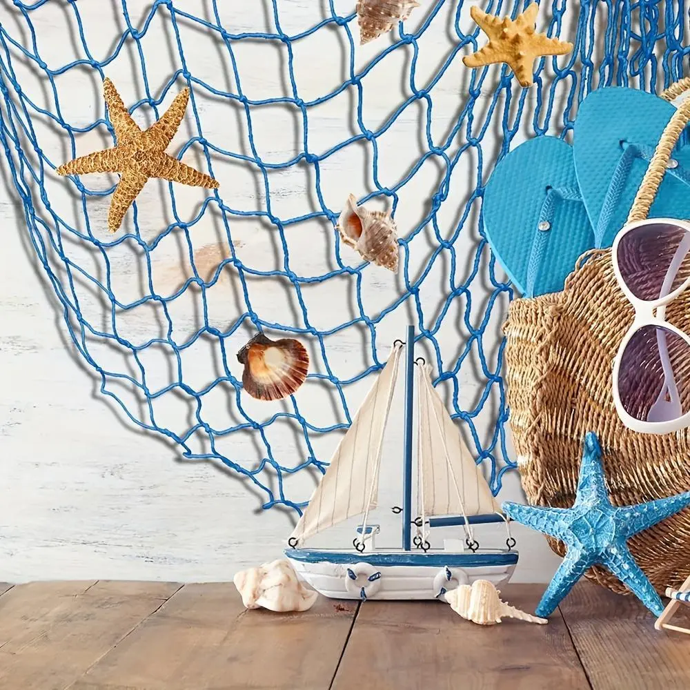 Nautical Blue 1pc Fishing Net Wall Decor with Seashells - Art Deco Fabric Wall Hanging for Home & Office, Ideal for Living Room, Indoor Use, Perfect for Beach, Ocean & Mermaid Themes, Decorative Netting | Conch Shell Accents, Coastal Home Decor