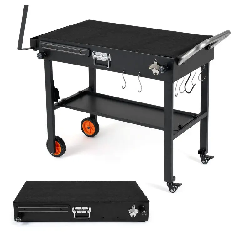 Portable Sturdy Galvanized Steel Foldable Grill Cart - Kitchen Oven Outdoor Cooking Equipment, Compatible with 17-in & 22-in Griddles, Includes Heat-Resistant Mat, Paper Towel Holder for BBQ Tailgating Use