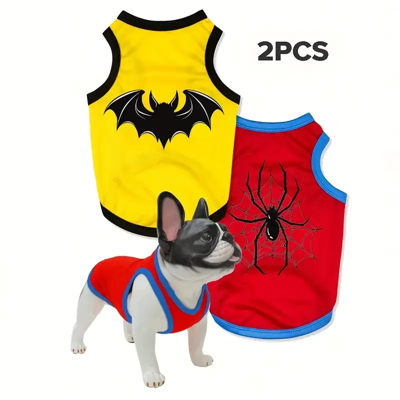 2 Pack Spider and Bat Print Pet Vests Outfits Puppy Husky Clothes for Flea Prevention and Shedding Control, Indoor and Outdoor Use, Insulated and Breathable Design