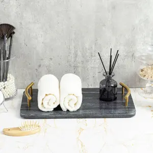 14 Inch Dark Gray Marble Rectangular Serving Tray with Curved Brass Tone Metal Handles, Dining Table Platter