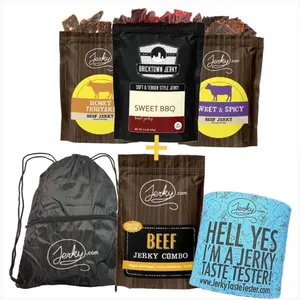 Doug's Sweet Big Bundle - Sweet & Spicy Beef, Soft & Tender Sweet BBQ Beef, Honey Teriyaki Beef + Beef Jerky Sampler & Drawstring Backpack & Koozie - All-Natural, No Added Preservatives - 12.5 oz