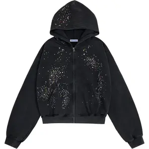 3D print Rhinestone Zip Up Hoodies Womens Mens Casual Hooded Jackets Unisex Loose Printing Crystal  Pocket Sweatshirts2025