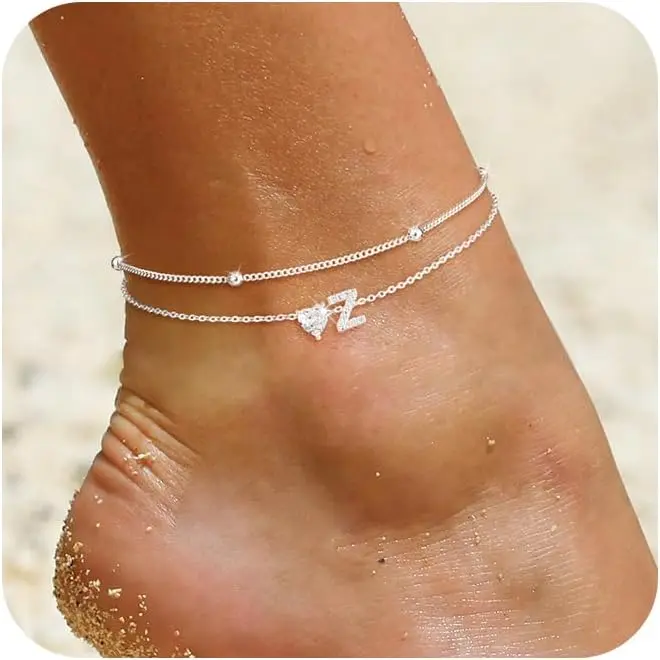 Dainty Double Layer Initial Anklets for Women Silver Plated Waterproof Cubic Zirconia Love Heart Letter Ankle Bracelet Adjustable Thin Chain Minimalist Trendy Beach Foot Jewelry Personalized Name Initial Gift for Teen Girls Ladies