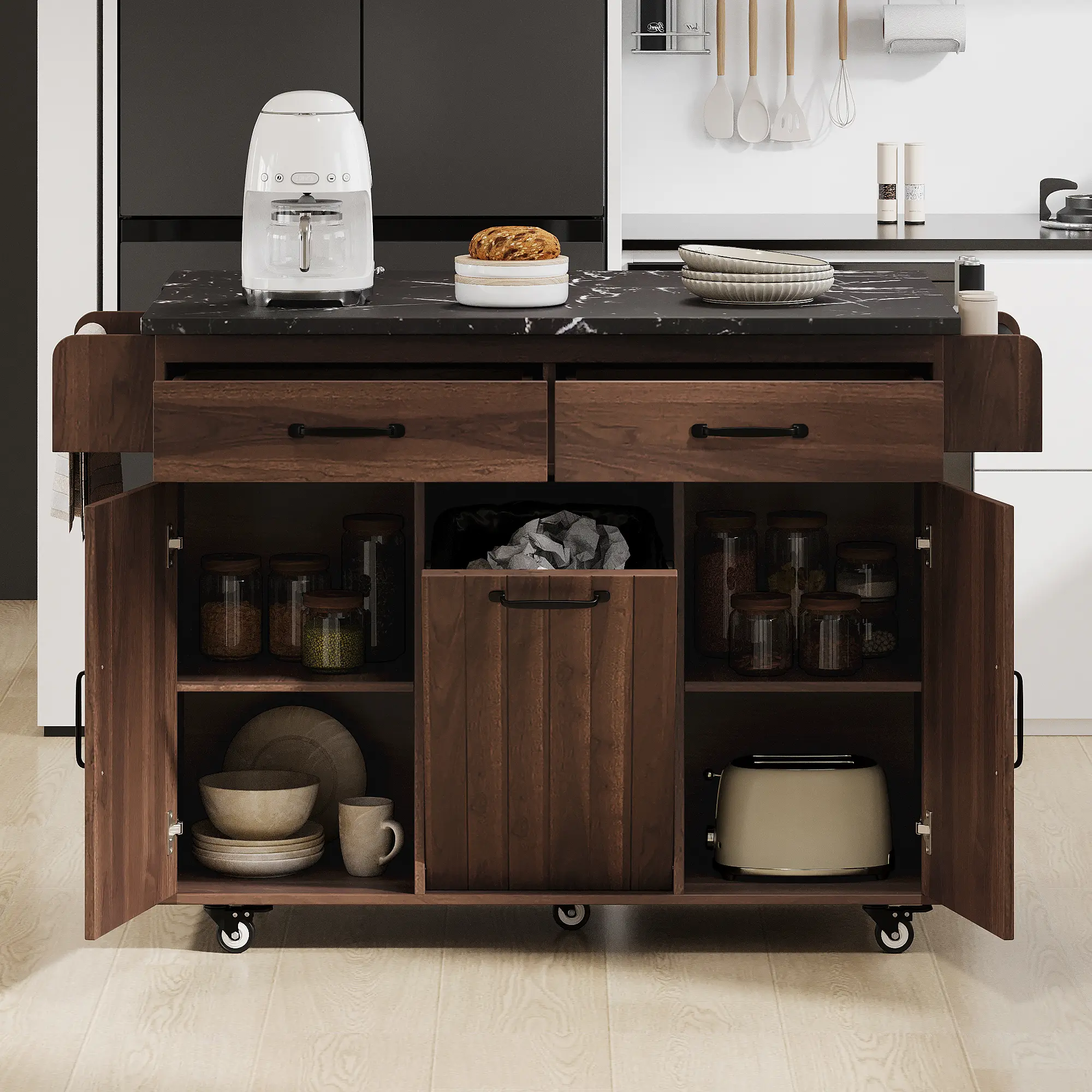 Kitchen Island with Trash Can Storage Cabinet, Rolling Kitchen Cart with Drop Leaf, Spice Rack, Towel Rack & Drawer, Mobile Utility Table on Wheels with Adjustable Shelf, Walnut