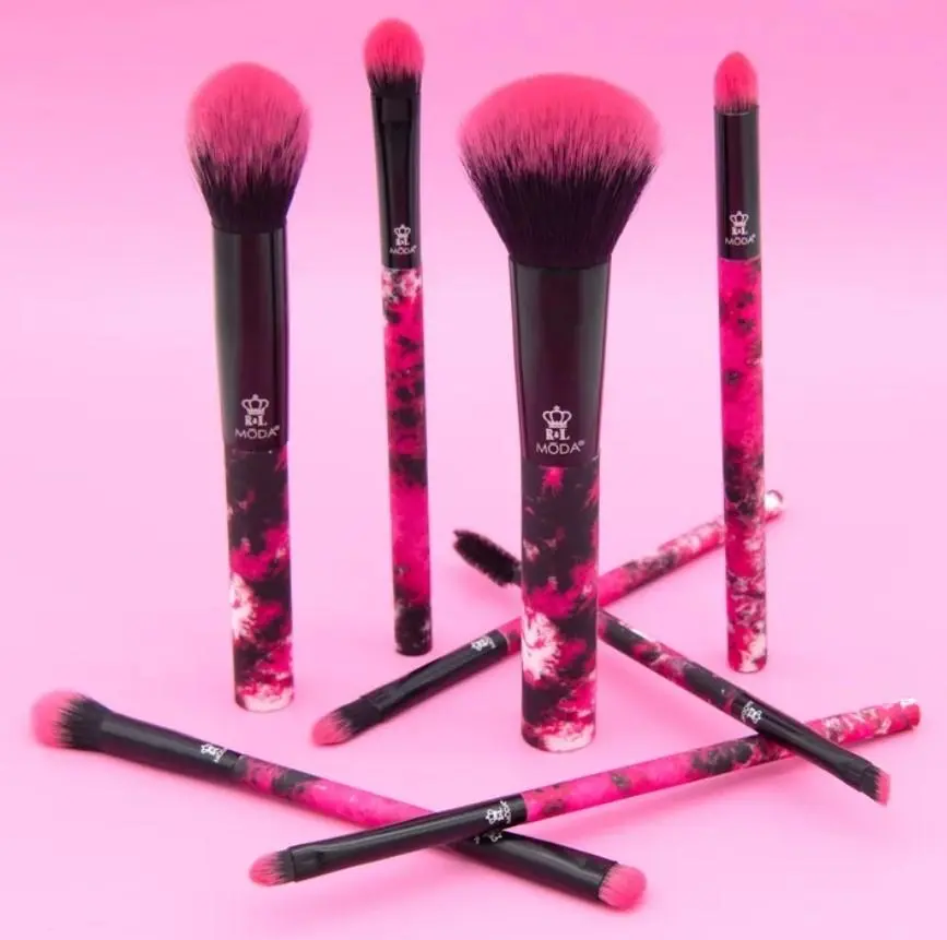 MODA Neon Pink Tie Dye Brush Kit, 8-Piece Cruelty Free Travel Set with Soft Synthetic Bristles for Smoky Eye, Brow Maintenance & Effortless Blends, 8 Pieces, Neon Tie Dye, On-The-Go Touch-Up, Soft Filaments