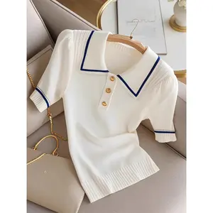 Women's Elegant Collar Top - White with Navy & Golden Trim, Short Sleeve Button-Front Design, Premium Breathable Fabric for Spring Summer Fall, Versatile Casual to Semi-Formal Wear, Seasonal Wardrobe Staple, Sophisticated Style, Durable Construction,