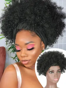 Kinky Curly Wig Afro Headband Style Wig for Women, Short Hair Afro Curly Natural Afro Wig, Synthetic Afro Curly Headband Wigs, Natural Half Wig